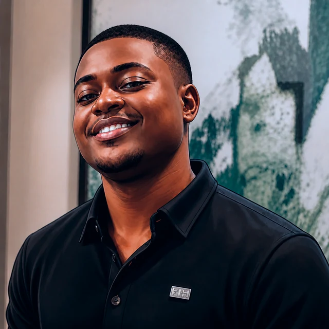 Sammiee, smiling, in a black polo shirt