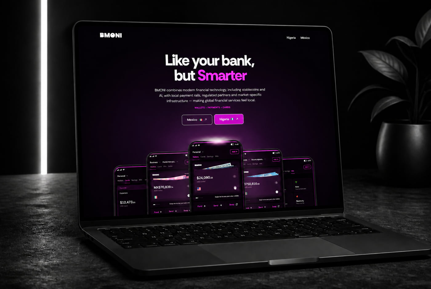 The BMONI fintech website on a laptop